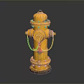 Yellow Fire Hydrant With Metal Chains And Vintage Design Against Dark Background