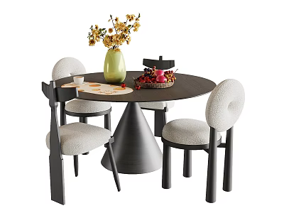 Round Dark Dining Table Set With Four Light Upholstered Chairs Green Vase And Yellow Flowers 3d model