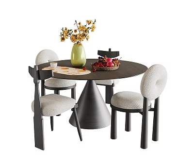 Round Dark Dining Table Set With Four Light Upholstered Chairs Green Vase And Yellow Flowers 3d model