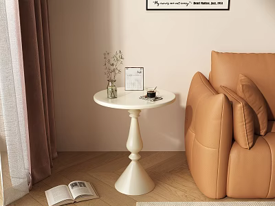 White Pedestal Side Table with Vase Coffee Cup Next to Brown Leather Sofa 3d model