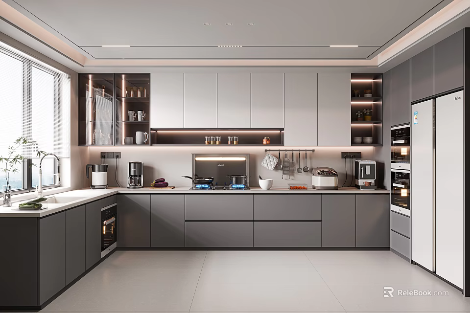 Modern Kitchen Interior With Gray Cabinets Appliances And Large Windows 3d model 