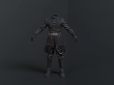 Black Leather Outfit With Long Sleeves Belt Baggy Pants And Boots 3d model