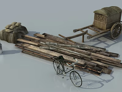 Vintage Wooden Cart With Bicycle And Stacked Wooden Planks Near Sack 3d model