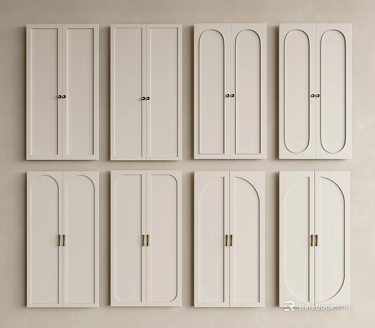 Various White Wardrobe Doors With Different Designs And Golden Handles Arranged In Rows 3d model 