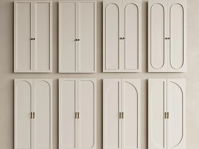 Various White Wardrobe Doors With Different Designs And Golden Handles Arranged In Rows 3d model
