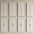 Various White Wardrobe Doors With Different Designs And Golden Handles Arranged In Rows