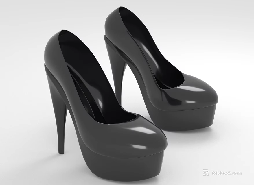 Black High Heel Platform Shoes With Shiny Material And Stiletto Design 3d model 