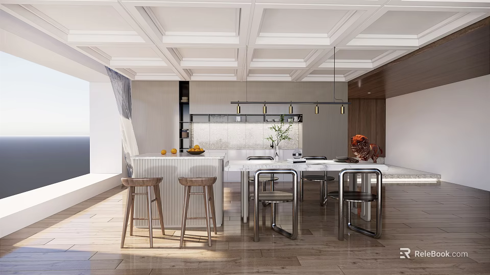 Modern Kitchen Interior Design With Island Counter Bar Stools Hanging Lights And Ceiling 3d model