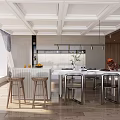 Modern Kitchen Interior Design With Island Counter Bar Stools Hanging Lights And Ceiling 3d model