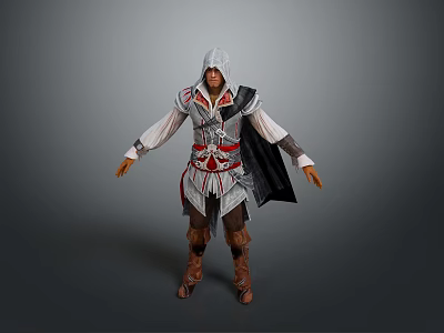 Man in Hooded Red and White Outfit with Cloak and Boots 3d model