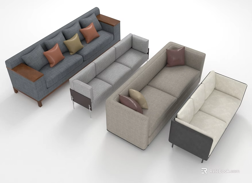 Modern Sectional Sofas In Various Colors With Decorative Pillows And Wooden Accents 3d model 