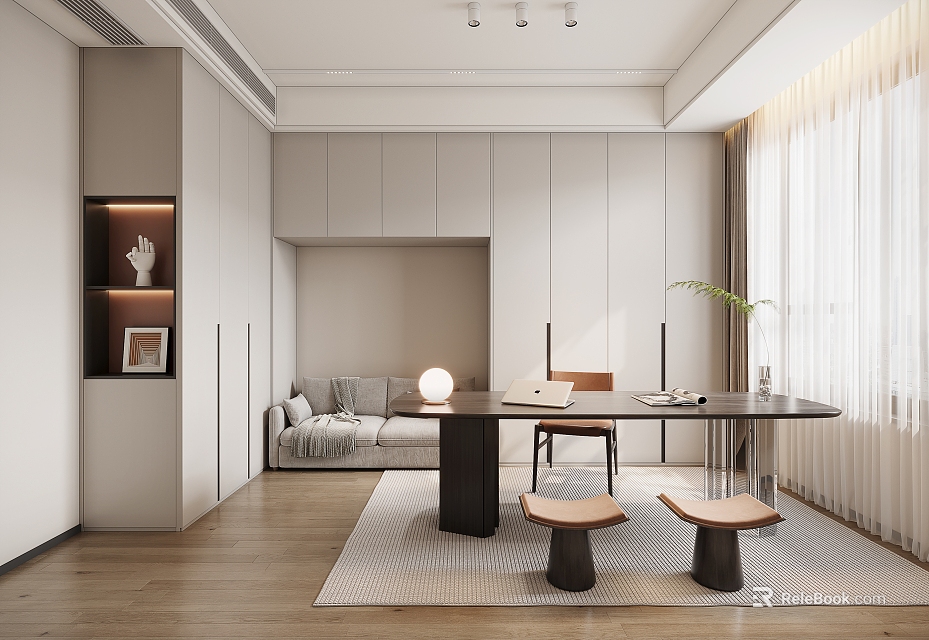 Modern Study Room Interior Design With Writing Desk Sofa Built in Cabinets And Natural Light 3d model 