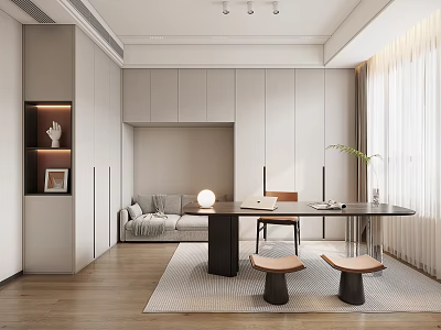 Modern Study Room Interior Design With Writing Desk Sofa Built in Cabinets And Natural Light 3d model