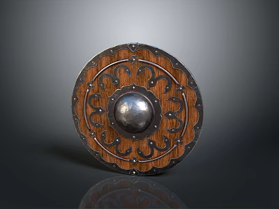 Traditional Round Wooden Shield With Metal Center Carved Patterns And Rivets 3d model