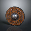 Traditional Round Wooden Shield With Metal Center Carved Patterns And Rivets