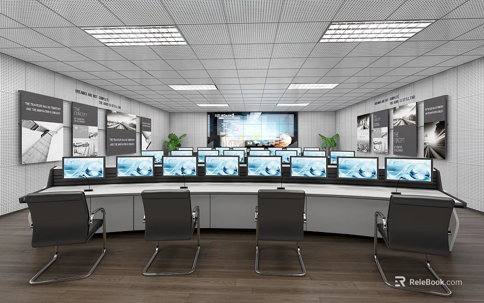 Modern Surveillance Control Room Equipped With Multiple Monitor Screens And Control Desk 3d model 