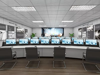 Modern Surveillance Control Room Equipped With Multiple Monitor Screens And Control Desk 3d model