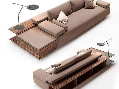 Modern Brown Multi Person Sofa With Wooden Coffee Table Floor Lamp And Soft Cushions 3d model