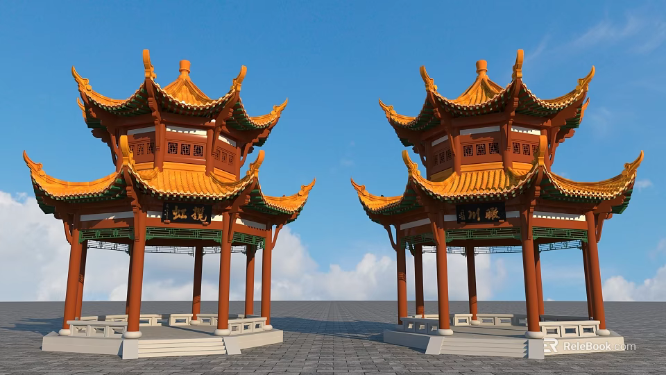 Traditional Chinese Ancient Architecture Pavilions With Yellow Roofs Green Eaves Columns And Blue Sky Background 3d model 
