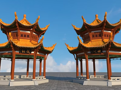 Traditional Chinese Ancient Architecture Pavilions With Yellow Roofs Green Eaves Columns And Blue Sky Background 3d model