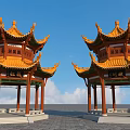 Traditional Chinese Ancient Architecture Pavilions With Yellow Roofs Green Eaves Columns And Blue Sky Background