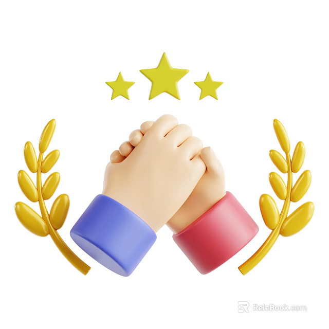 Two Hands Shaking With Golden Laurel Wreaths And Three Stars Above 3d model 