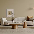 Cozy Living Room Beige Sofa And Wooden Coffee Table Set With Cushions And Wall Art