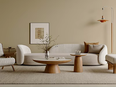 Cozy Living Room Beige Sofa And Wooden Coffee Table Set With Cushions And Wall Art 3d model