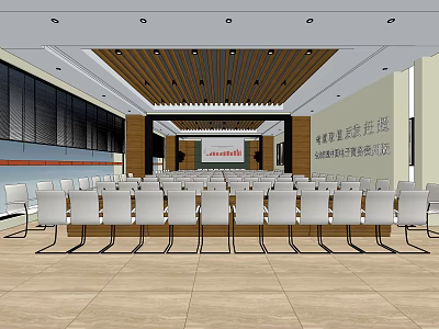 Spacious Conference Room Featuring White Chairs Arranged In Rows Wooden Ceiling Lectern And Banner 3d model