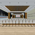 Spacious Conference Room Featuring White Chairs Arranged In Rows Wooden Ceiling Lectern And Banner