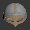 Classic Medieval Silver Metal Helmet With Leather Straps Face Mask And Gold Rivets