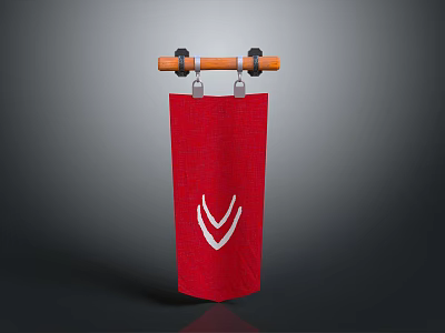 Red Flag with White Symbol Hanging on Orange Pole and Black Ends 3d model