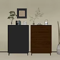 Modern Entryway Console Cabinet with Dark and Light Brown Design Small Plants Picture Frame and Vase