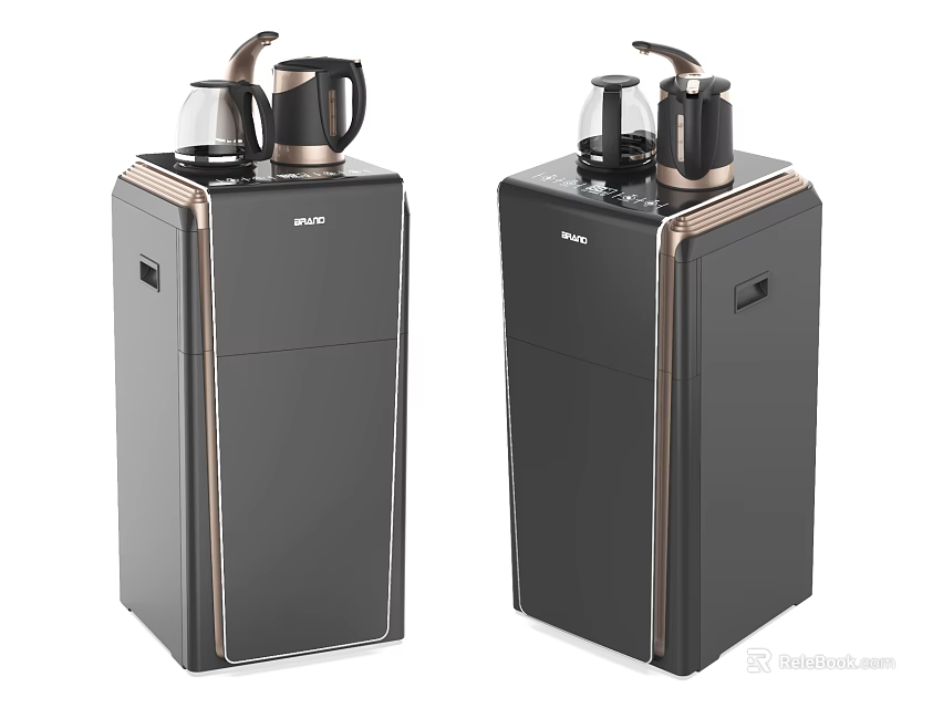 Two Black Floor Standing Water Dispensers With Gold Kettles On Top 3d model 