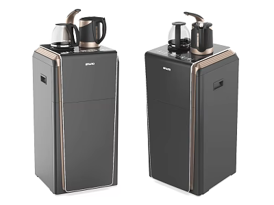 Two Black Floor Standing Water Dispensers With Gold Kettles On Top 3d model