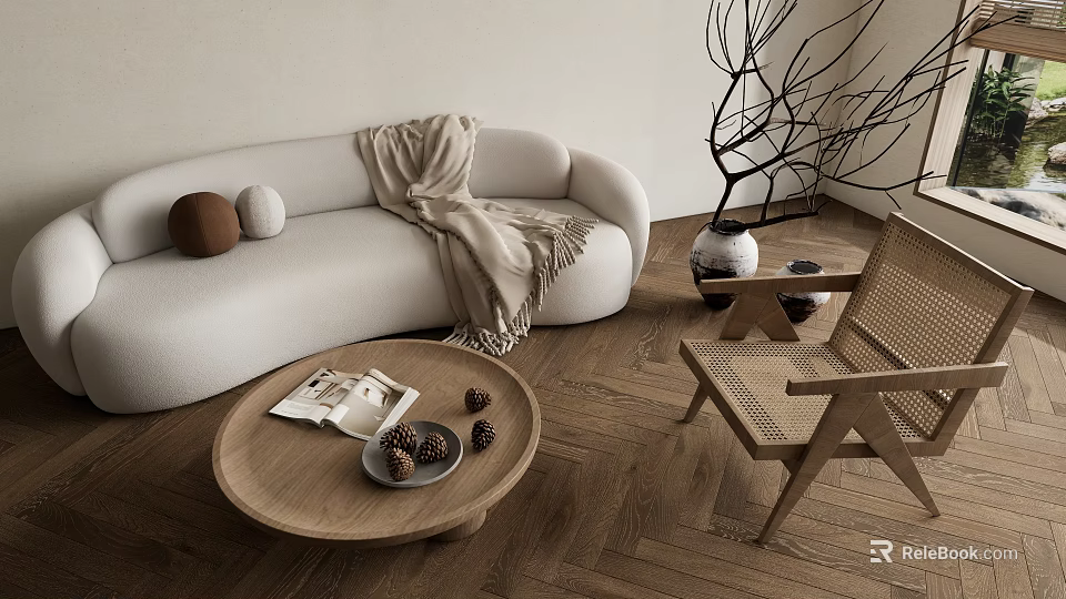 White Sofa With Blanket Wooden Coffee Table Magazine Nuts Branch Decor Wicker Chair Wooden Flooring 3d model 