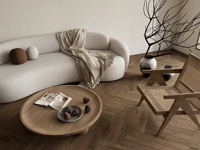 White Sofa With Blanket Wooden Coffee Table Magazine Nuts Branch Decor Wicker Chair Wooden Flooring 3d model