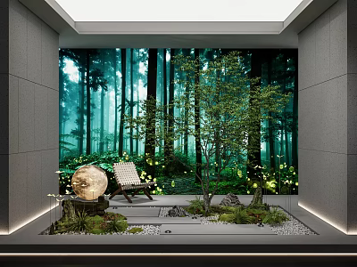Tranquil Courtyard Garden With Forest Backdrop Trees Moss Stone Path Spherical Decor And Lounge Chair 3d model
