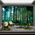 Tranquil Courtyard Garden With Forest Backdrop Trees Moss Stone Path Spherical Decor And Lounge Chair