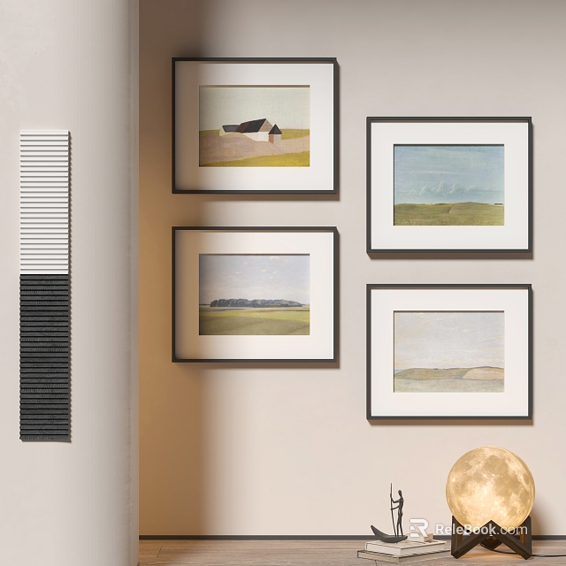 Four Framed Minimalist Landscape Paintings Hanging On Wall With Grass Sky 3d model 