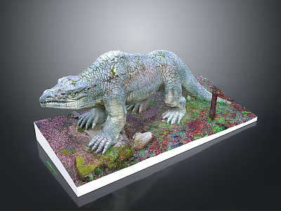 Detailed Prehistoric Reptile Creature Model On Colorful Rocky Base 3d model