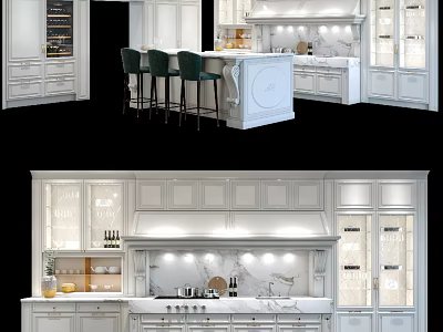 Modern Kitchen Interior With White Cabinets Glass Front Doors And Marble Island 3d model