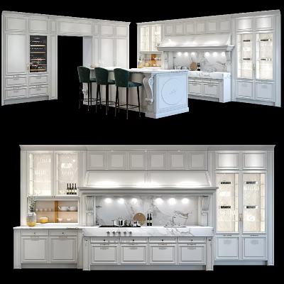 Modern Kitchen Interior With White Cabinets Glass Front Doors And Marble Island 3d model