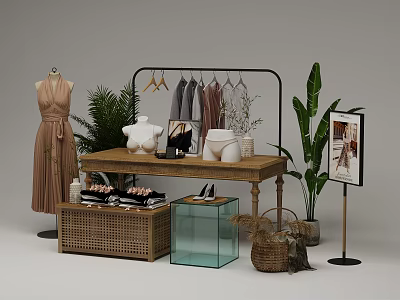 Fashion Retail Display Shelf Featuring Hanging Clothes Dress Bags Shoes And Green Plants 3d model