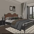 Classic Bedroom Interior With Brown Headboard Green Pillows And Black White Carpet