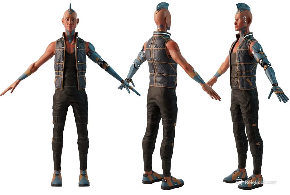 A Man Wearing Sleeveless Vest Black Pants Decorated Arms Blue Orange Shoes Standing Multiple Angles 3d model 