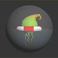 Green Cartoon Game Movie Character With Smiling Face Red White Lifebuoy Tentacles In Transparent Sphere