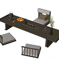 Simple Style Wooden Tea Table and Chairs with Teapot Fruits and Green Plants