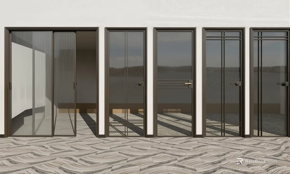 Outdoor Glass Swing Doors with Dark Frames and Scenic Water View on Patterned Paved Floor 3d model 