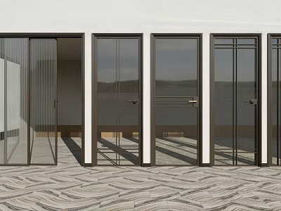 Outdoor Glass Swing Doors with Dark Frames and Scenic Water View on Patterned Paved Floor 3d model
